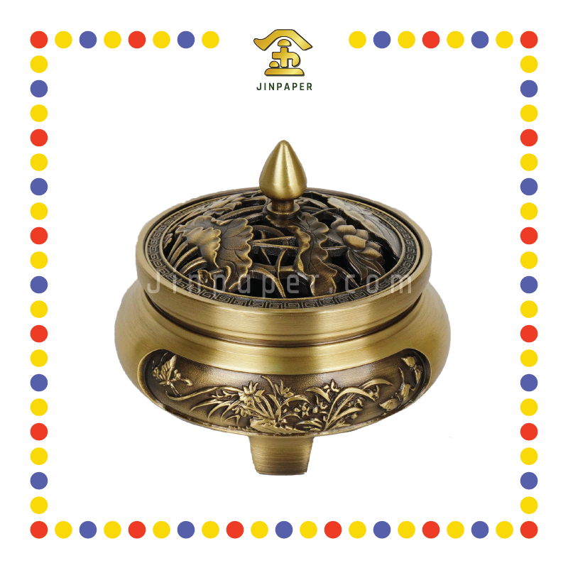 PRAYING CENSER 黄铜雕花三脚净炉(荷花)