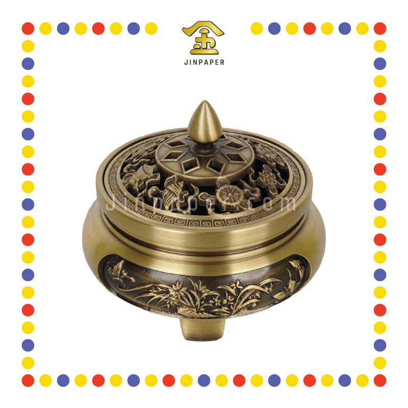 PRAYING CENSER 黄铜雕花三脚净炉(八吉祥)