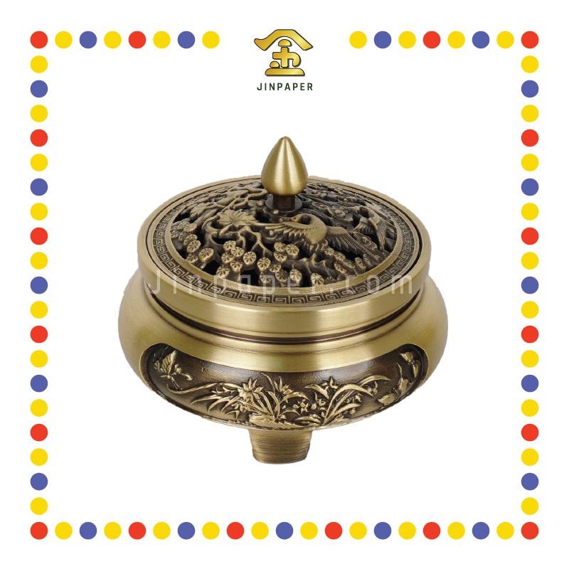 PRAYING CENSER 黄铜雕花三脚净炉(梅花仙鹤)
