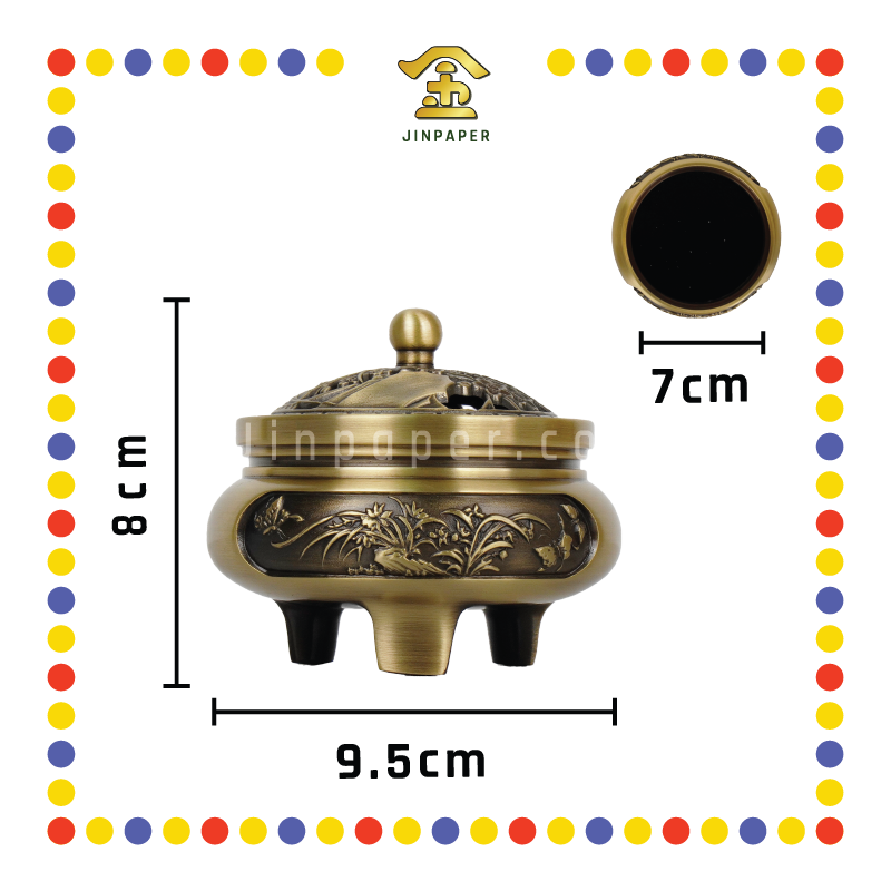 PRAYING CENSER 黄铜雕花三脚净炉(桃花鹊鸦)