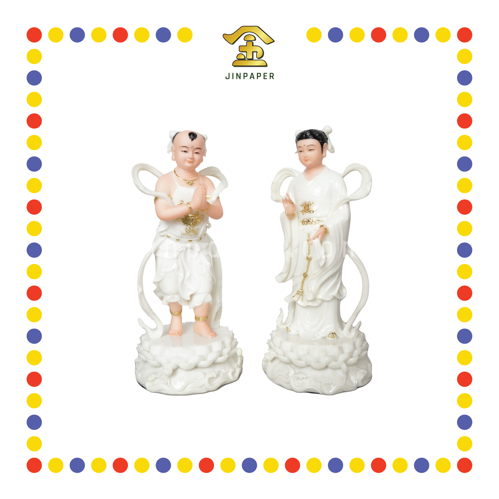 PRAYING  STATUE 12" 水石水浪瓷彩金童玉女