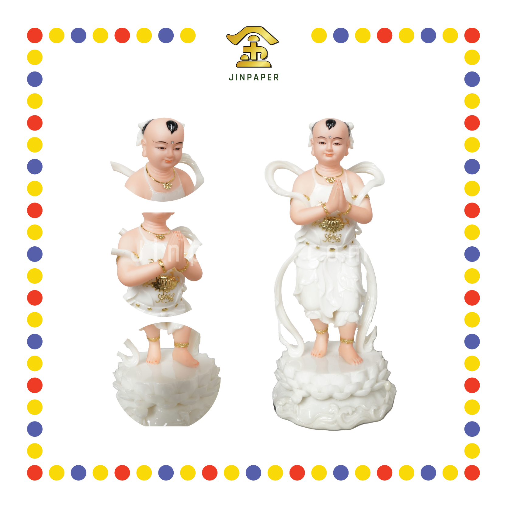 PRAYING  STATUE 12" 水石水浪瓷彩金童玉女