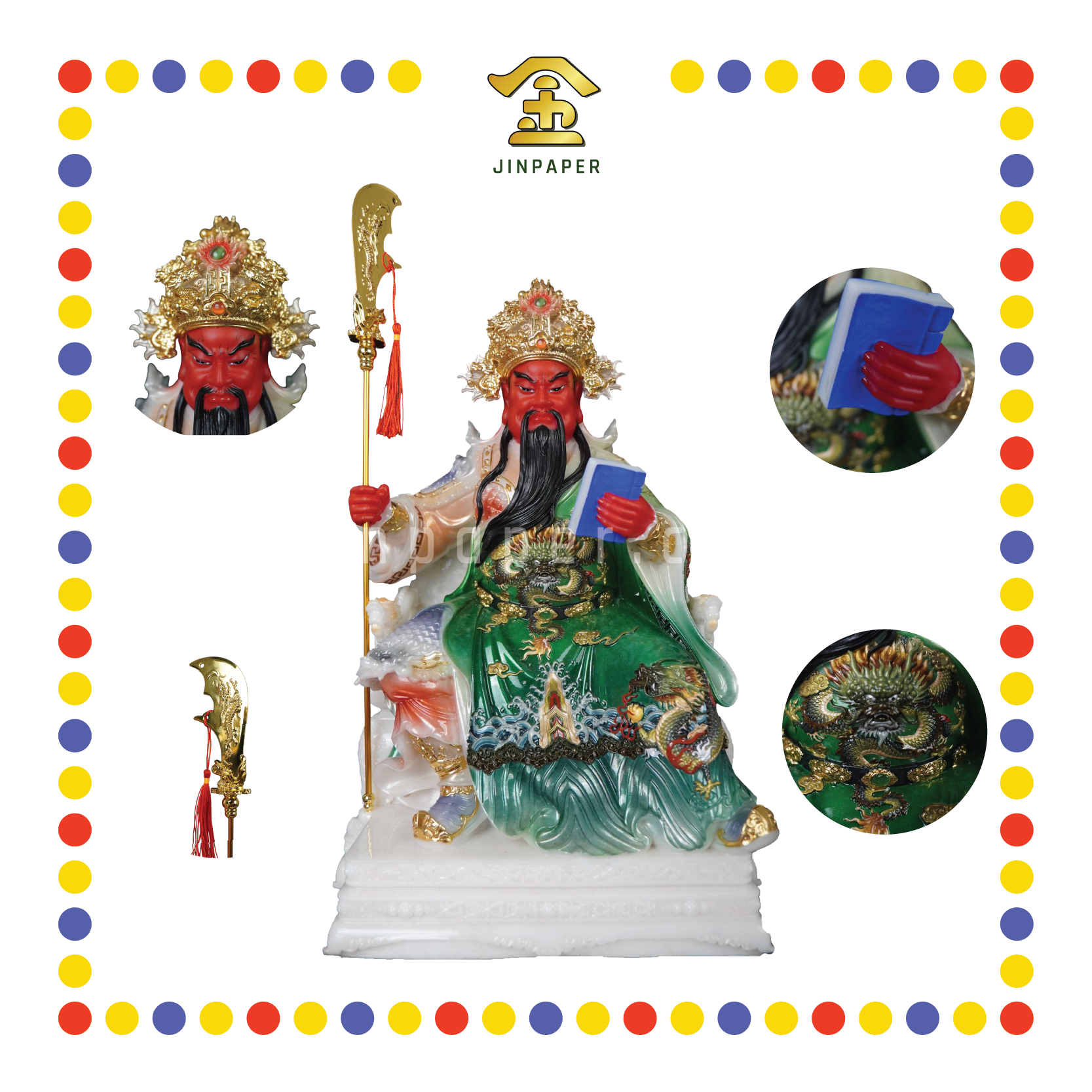 PRAYING STATUE 16" 汉白玉古彩马来关公