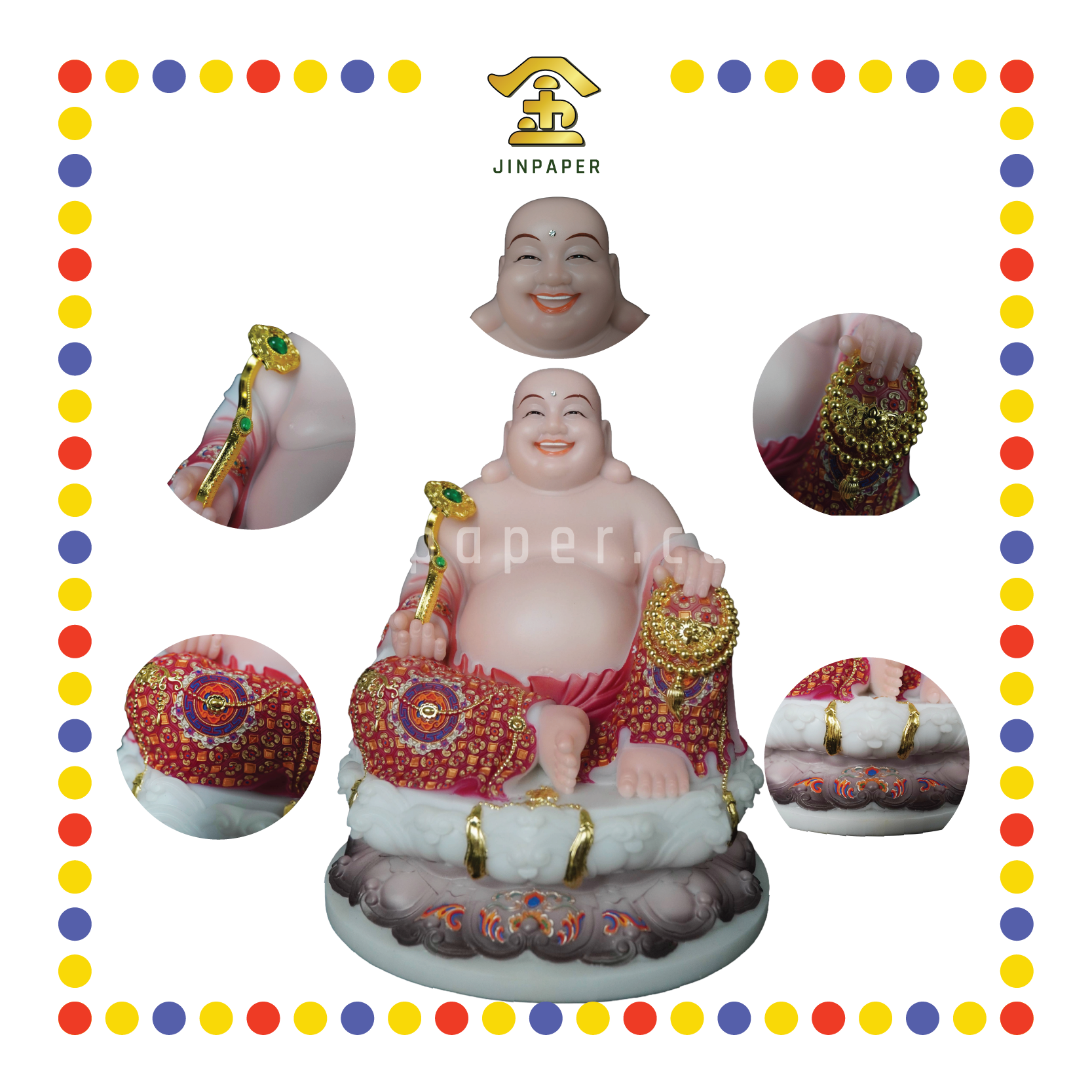 PRAYING STATUE 16" 汉白玉润玉云彩红全莲笑佛