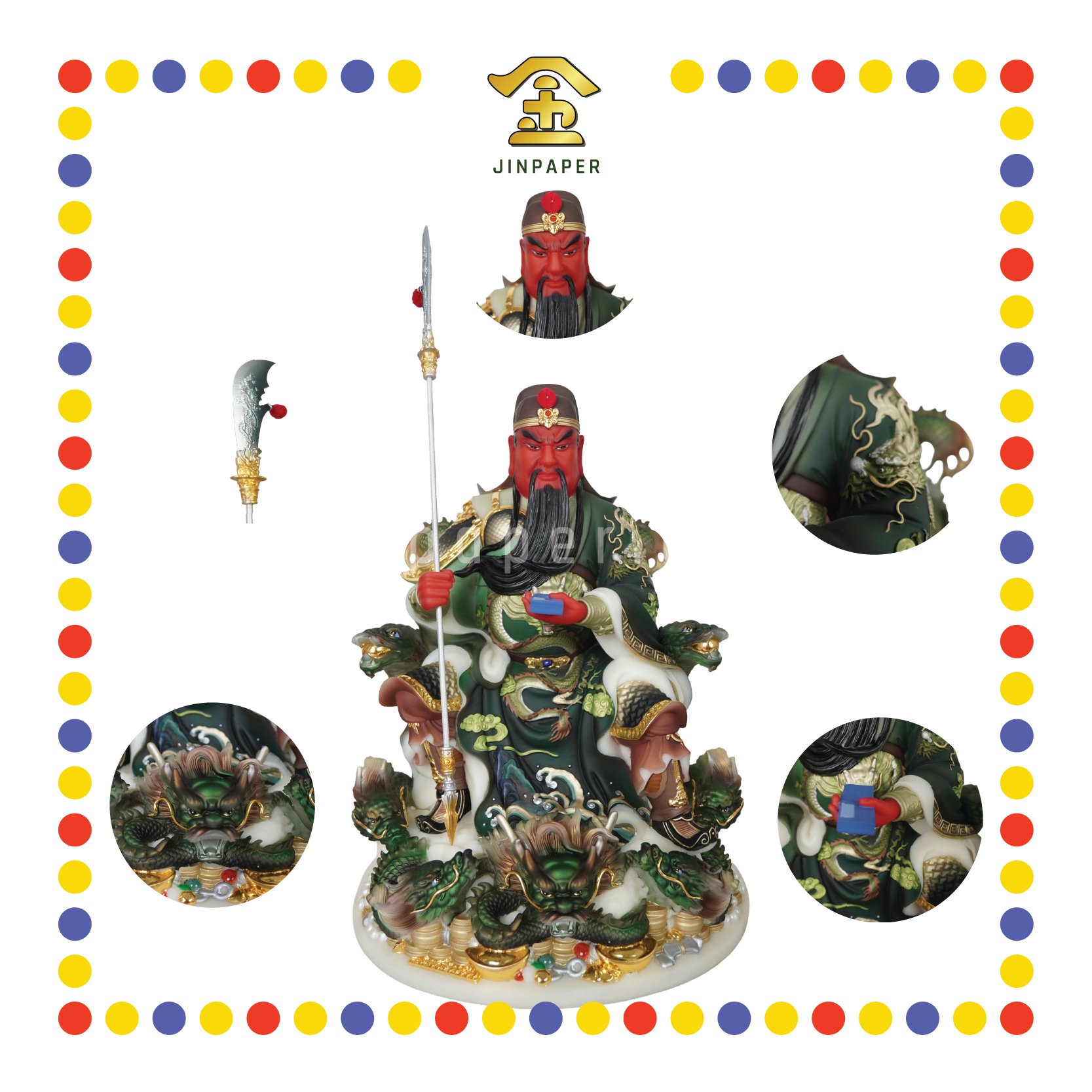 PRAYING STATUE 16" 汉白玉彩金镶嵌坐龙看书关公