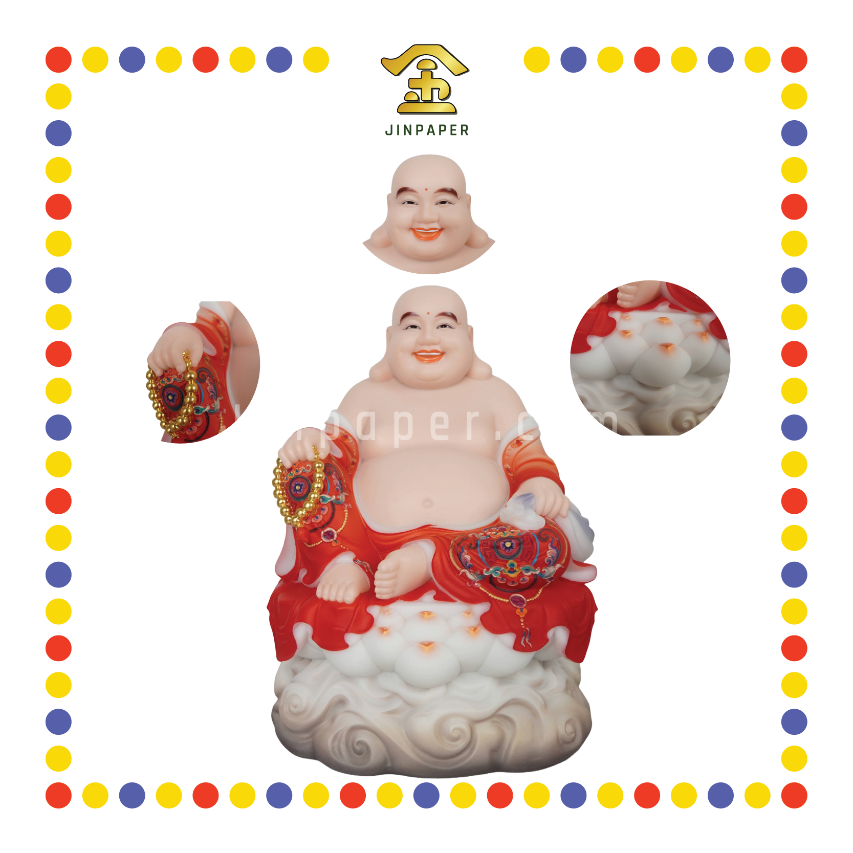 PRAYING STATUE 16" 汉白玉富贵彩云莲笑佛