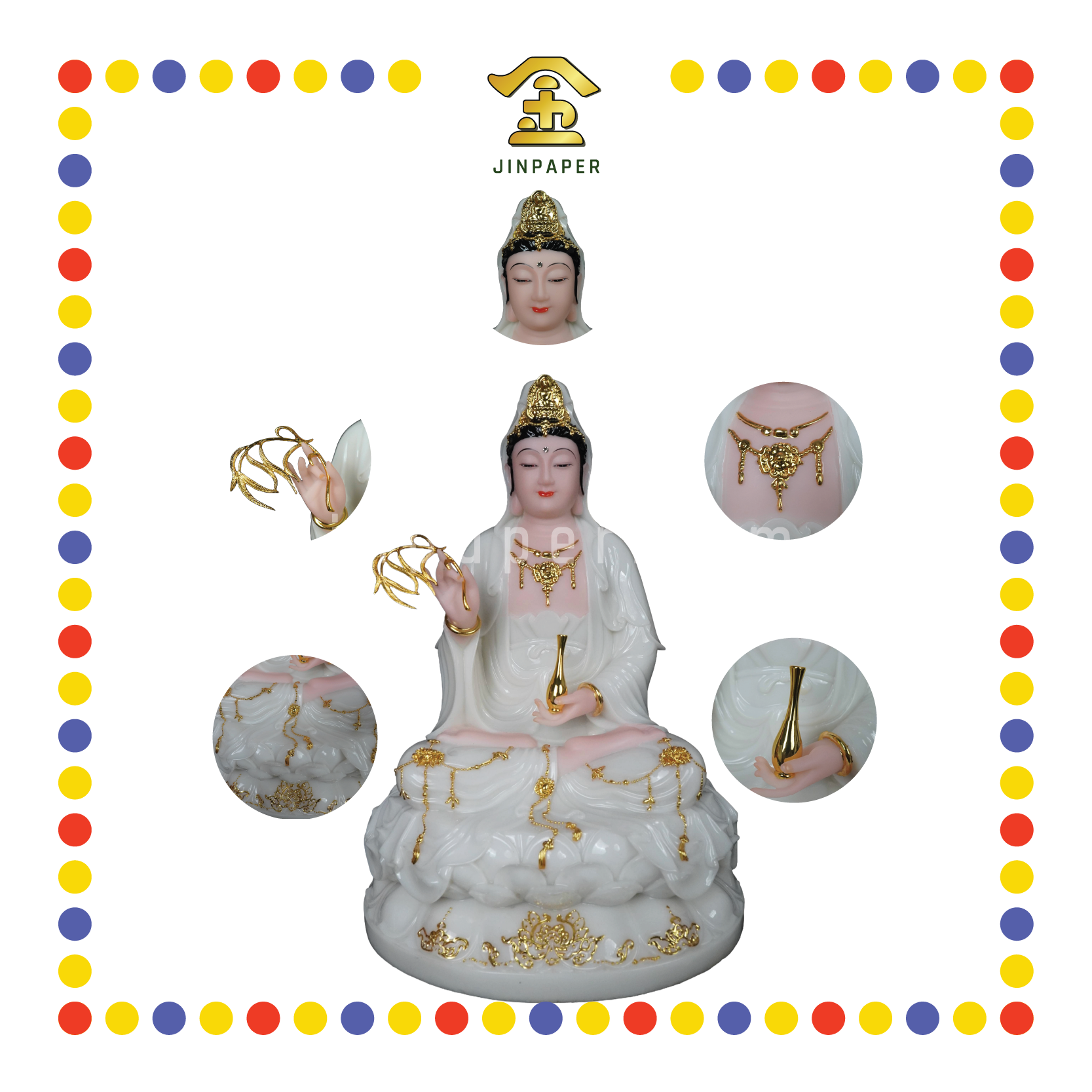 PRAYING  STATUE 16" 实心白描金四巾观音