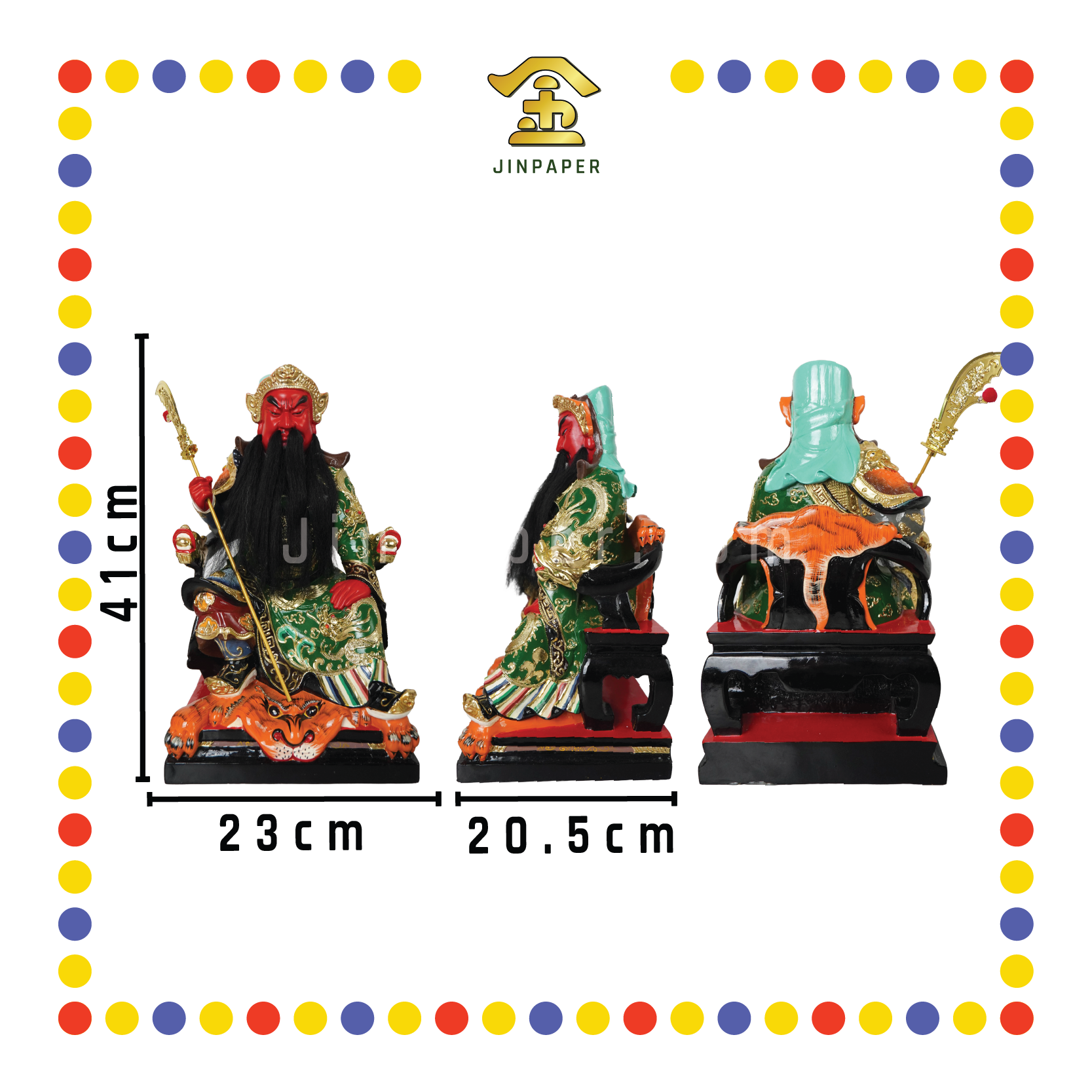 PRAYING STATUE 16" 坐树脂极彩提刀踏虎皮关公