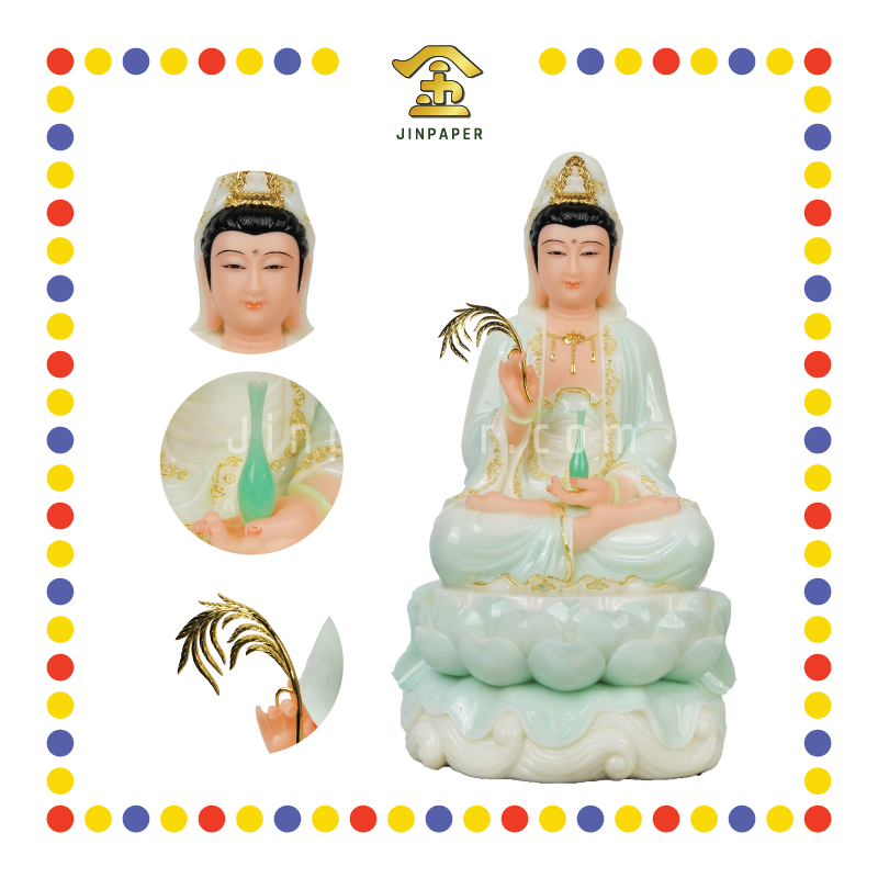 PRAYING STATUE 16寸 汉白玉翡翠描金水浪观音