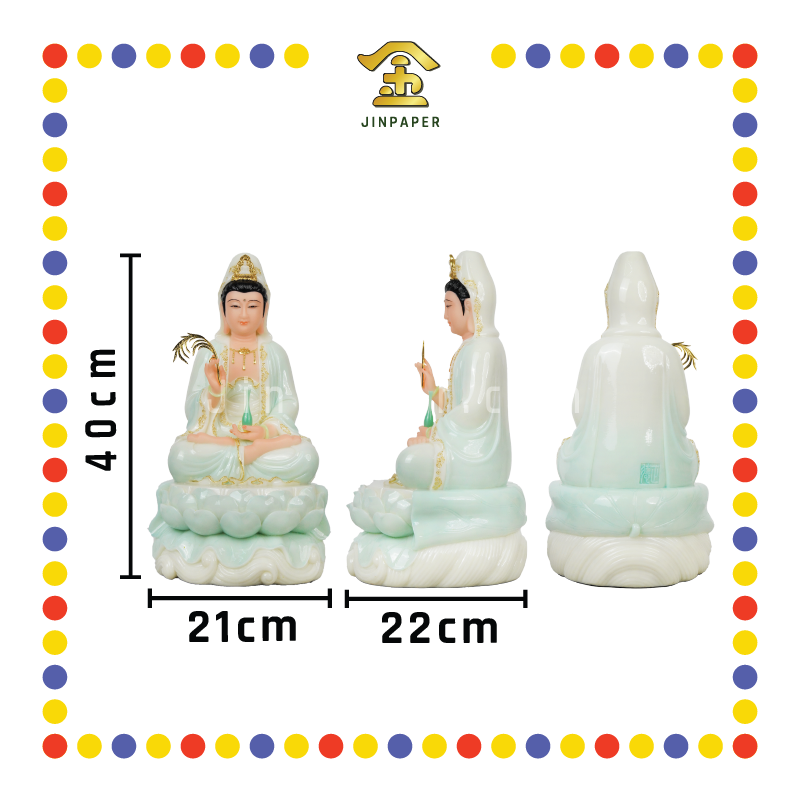 PRAYING STATUE 16寸 汉白玉翡翠描金水浪观音