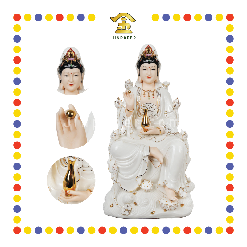 PRAYING STATUE 18寸 肤色瓷描金九莲观音