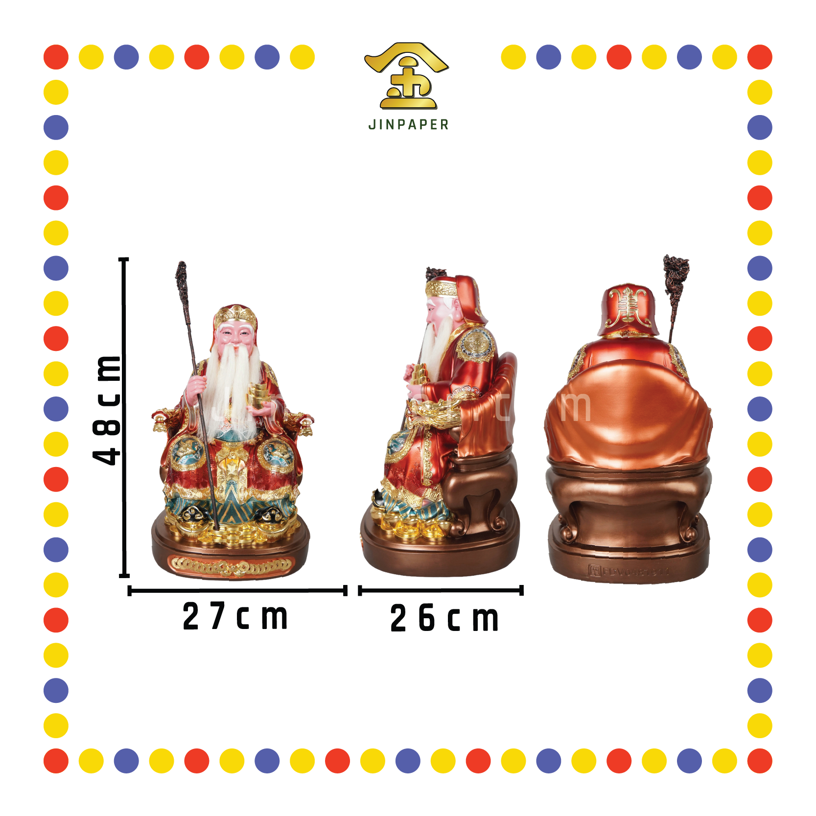 PRAYING STATUE 19" 树脂金缕彩坐圆座土地-拐