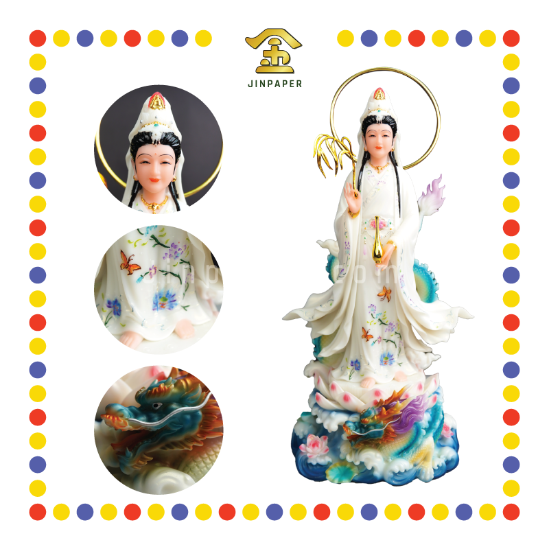 PRAYING STATUE 19" 实心富贵白哑光骑龙观音